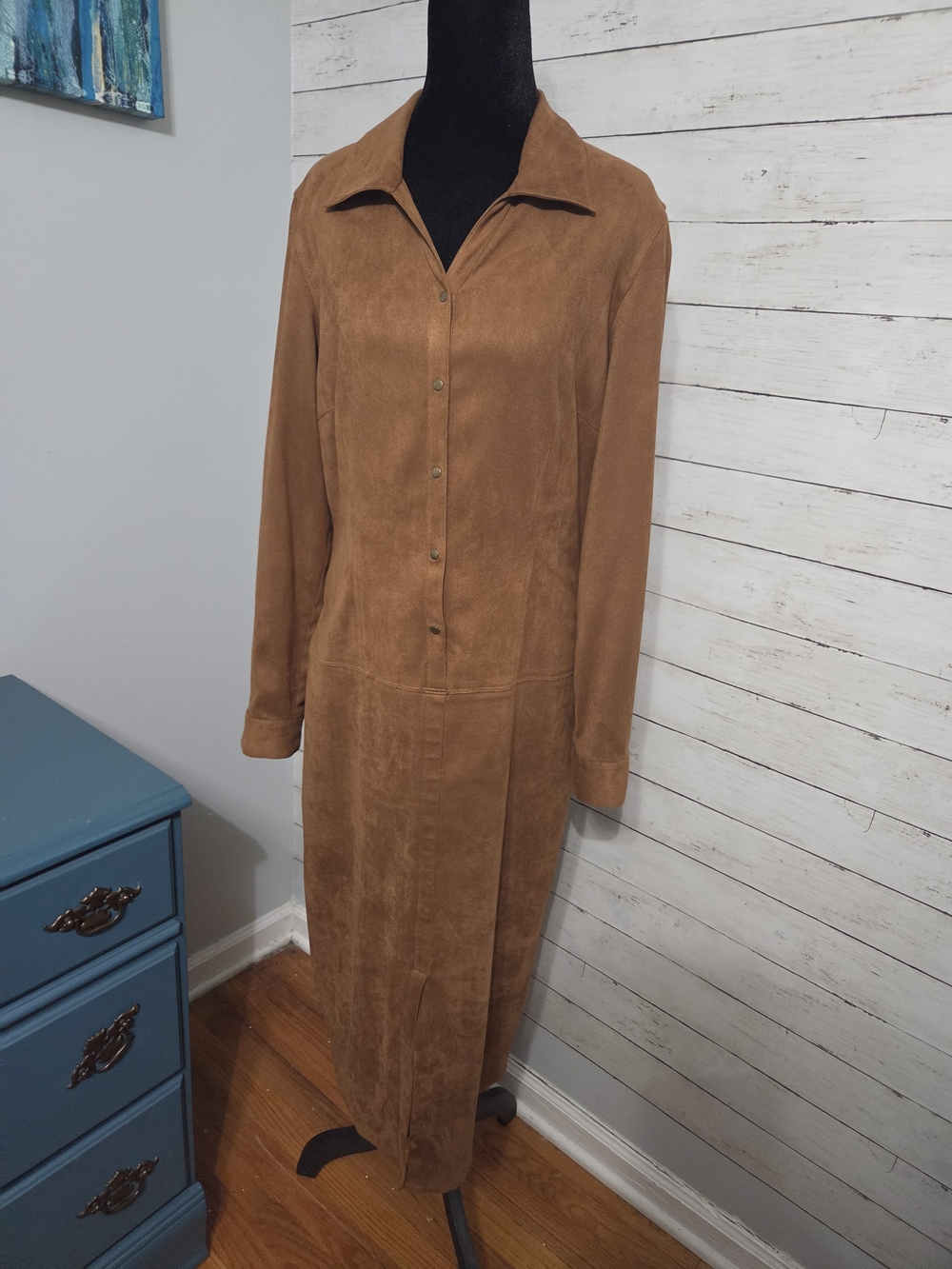 Talbot's Classic Brown Suede Long Shirt Dress 1/2 Button, Front Slit, Sz 10